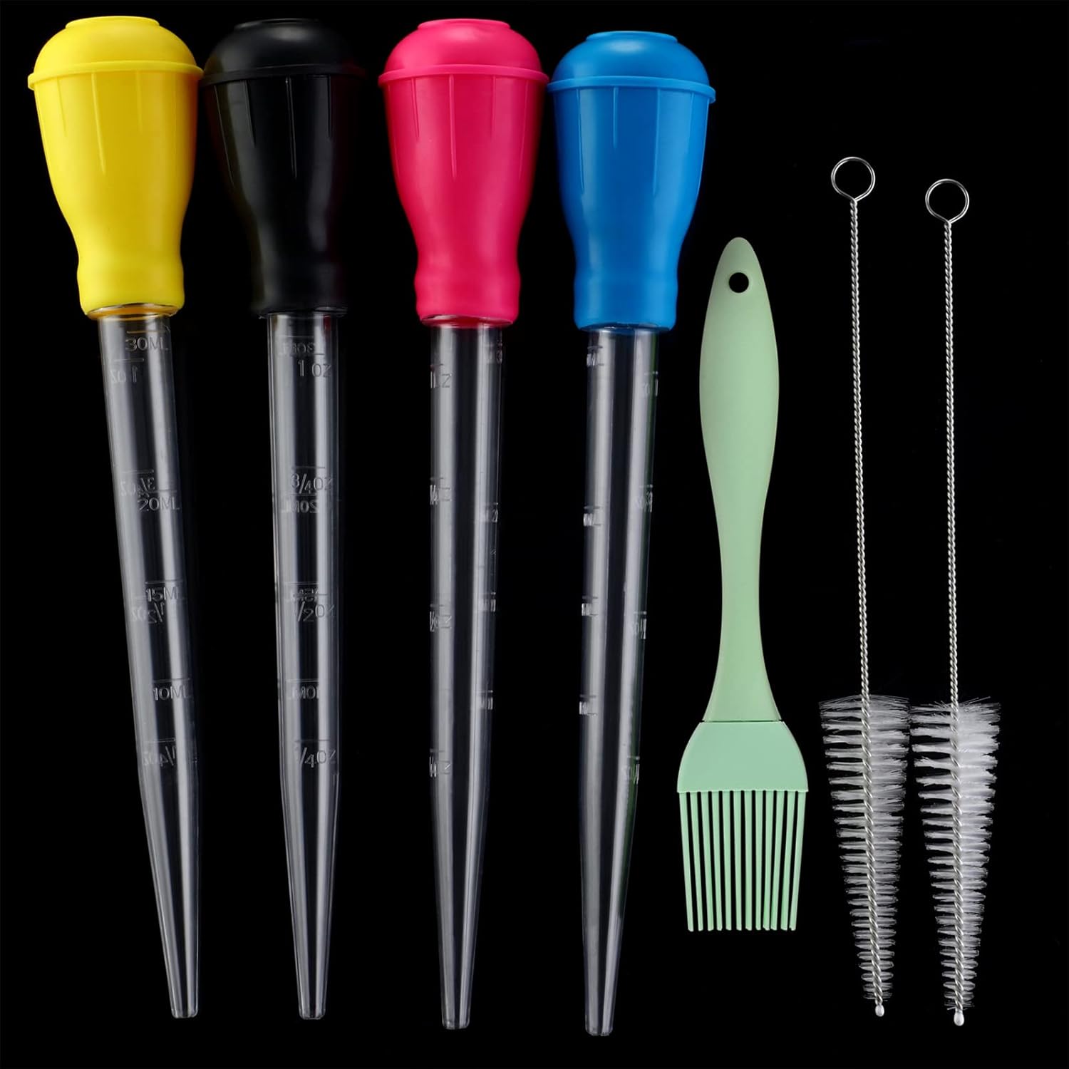 Nylon Heat-resistant Turkey Baster Cooking Set Includes Meat Baster, 1 Silicone Basting Brush and 2 Cleaning Brush for BBQ Grill Baking Kitchen Cooking (7 Pieces, Multicolor)