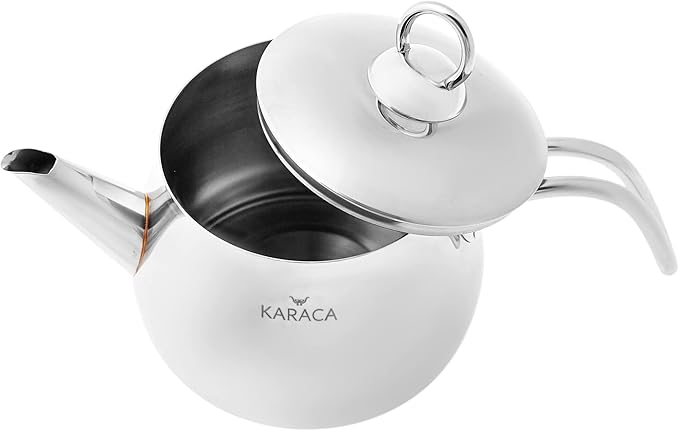 Karaca Layla Teapot Set, Medium, Stainless Steel, Tea Pot 1L (2.2lb), Kettle 1.75L (3.85lb), Silver, Transparent, Tea Maker, Kettle, Turkish Tea Kettle, Tea Maker, Induction Safe