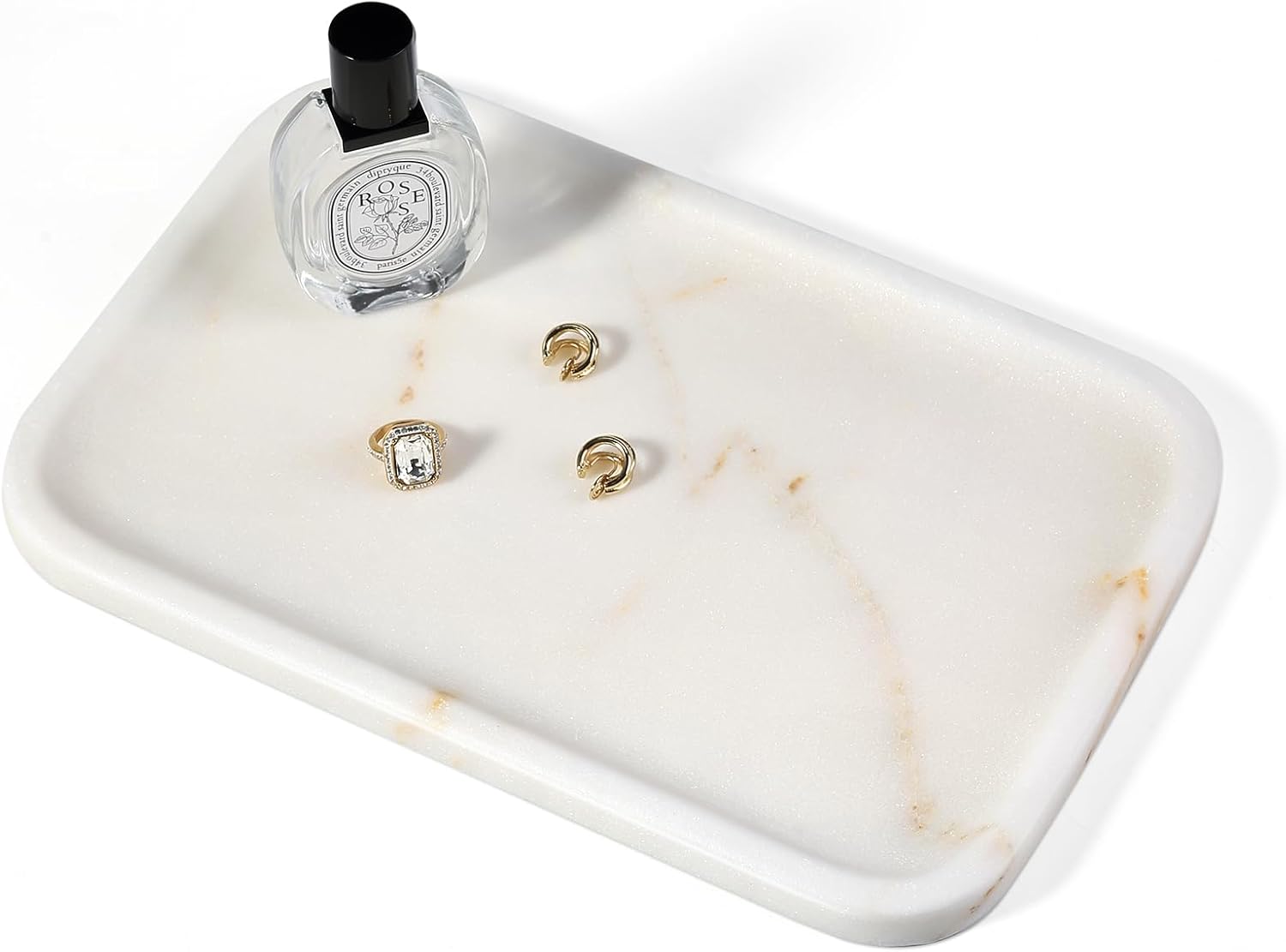 Koville Marble Tray, 12"x8" Marble Vanity Tray for Bathroom Kitchen Countertop, Rectangular Stone Tray for Cosmetics Perfume Trinket, Decorative Catchall Trays (Golden Calacatta)