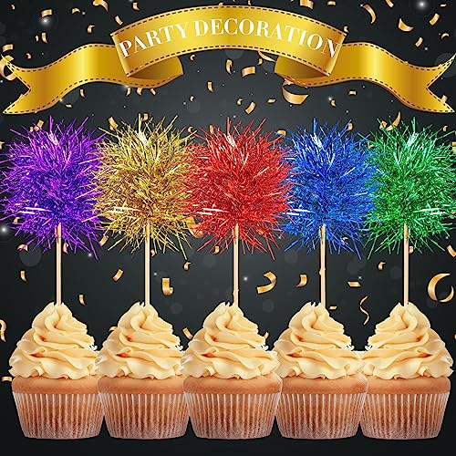 100 Pcs Foil Firework Cupcake Toppers Sparkle Tinsel Cake Toppers Cake Decoration Cocktail Fruit Toothpick for Birthday Wedding Graduation Party
