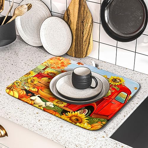Autumn Pumpkin Red Truck Dish Drying Mat for Kitchen Counter