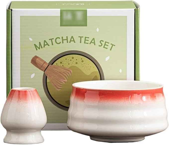 Ceramic Matcha Kit for Breakfast Afternoon Tea Contains Bowl Tea Brush Stand, Visiting Gifts Matcha Bowl Set Entertaining Guests Negotiating Business(Red-A)