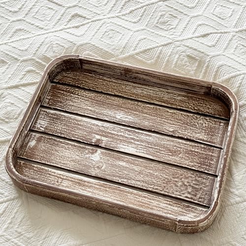 Wooden Tray 17""x13""x2"" Washed Tan Color Rounded Rectangle Stylish Rustic Farmhouse Decor Serving Platter