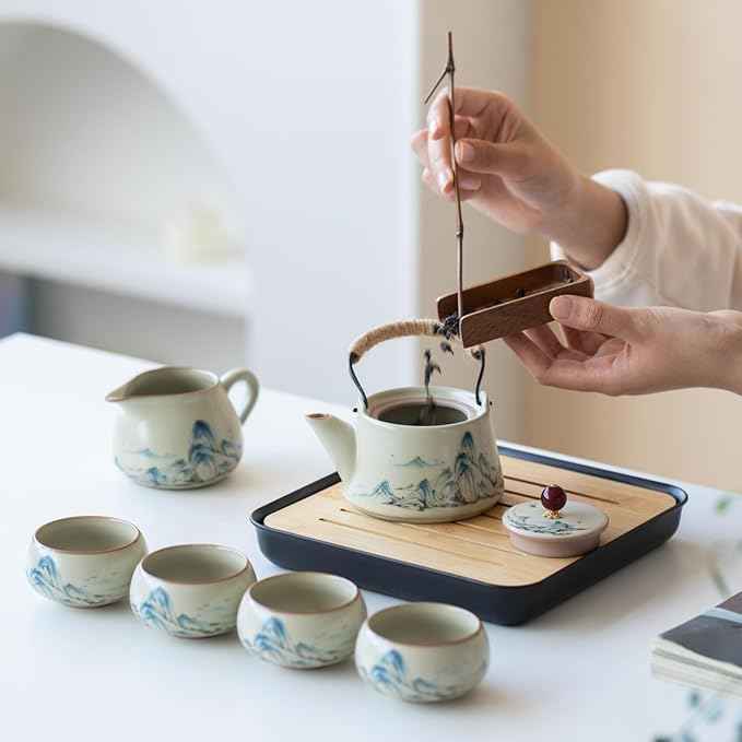 Chinese Gongfu Tea Set, 7-Piece Ceramic Set with Landscape Design, Travel Case, Spill-Proof Tray, Gift Box