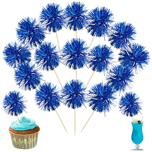 30Pcs Foil Firework Cupcake Toppers Sparkles Fireworks Sticks Birthday Decorations Sparkle Tinsel Cocktail Fruit Toothpick for Birthday Wedding Graduation Party Cake Decorations Blue (30 Count)