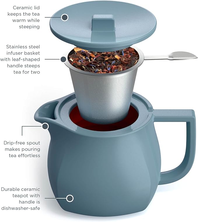 Tea Forte Ceramic Teapot with Removable Stainless Steel Infuser Basket and Lid, Steeps 24 oz. Loose Leaf Tea, Dishwasher & Microwave Safe, Gifts for Mom, Stone Blue