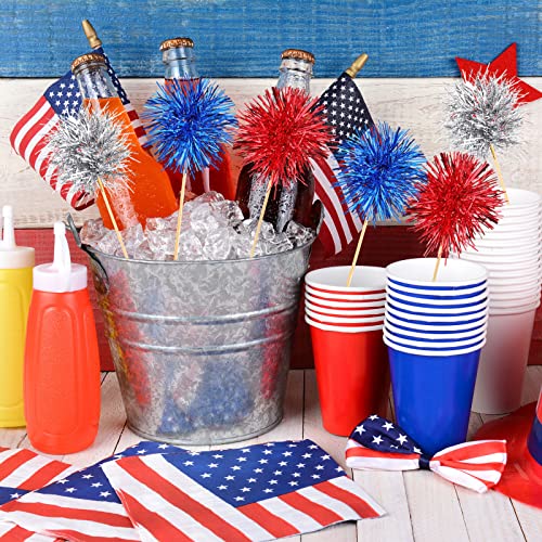 100 Pcs 4th of July Foil Firework Cupcake Toppers Sparkle Tinsel Cake Toppers Cake Decoration Cocktail Fruit Toothpick for Birthday Wedding Graduation Party