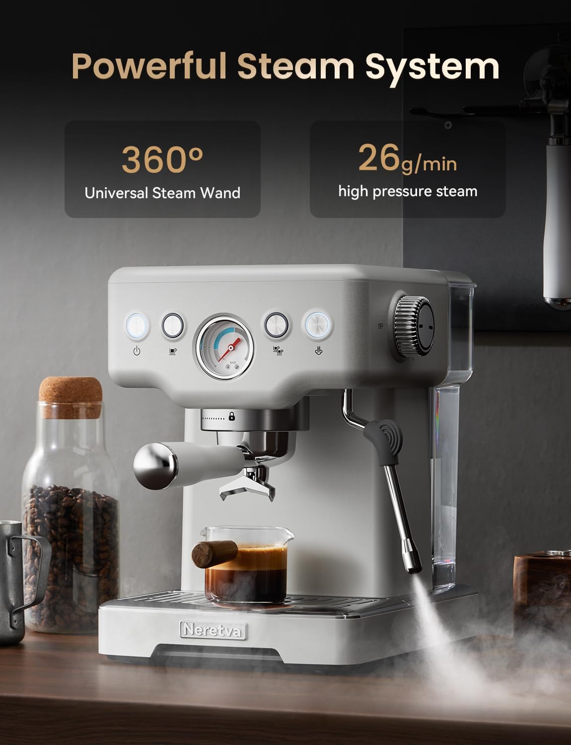 Neretva Espresso Machine, 15 Bar Espresso Coffee Machine with Visible Pressure Guage Professional Espresso Maker with Milk Frother & Stainless Steel for Home Barista Latte and Cappuccino Maker - White - Blissbrew
