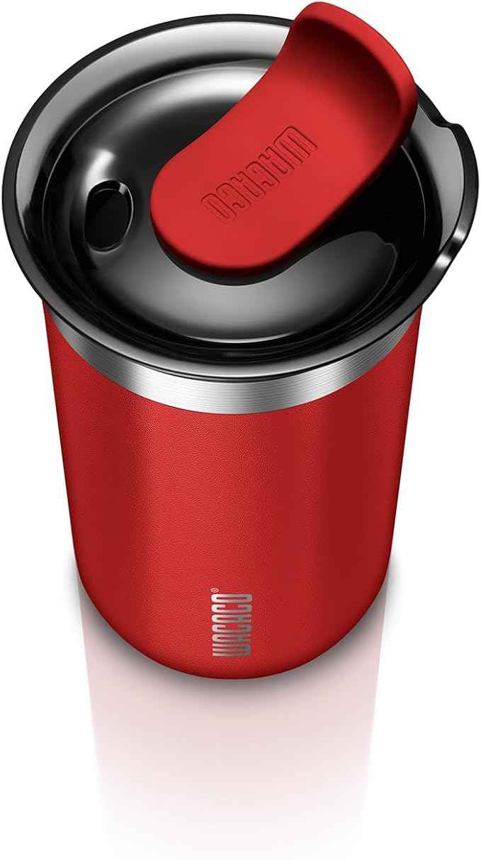 WACACO Octaroma Lungo Vacuum Insulated Coffee Mug, Double-wall Stainless Steel Travel Tumbler With Drinking Lid, 10 fl oz(300ml)， Carmine Red