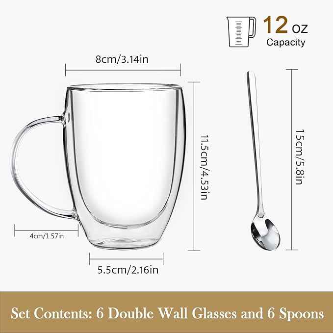 Double Wall Glass Coffee Mugs, 12 Oz Clear Coffee Mugs with Handle, Insulated Glass Coffee Mugs Set of 6, Perfect for Espresso, Cappuccino, Latte, Americano, Tea Bag, Beverage