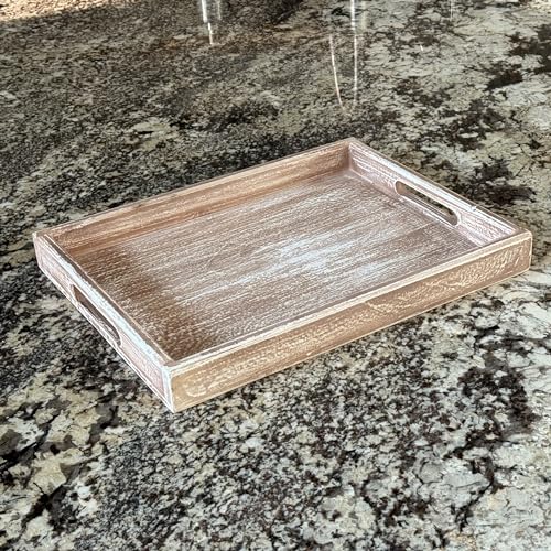 Wooden Tray 17"x13"x2" Vintage Beige Rectangle Stylish Rustic Farmhouse Decor Serving Platter