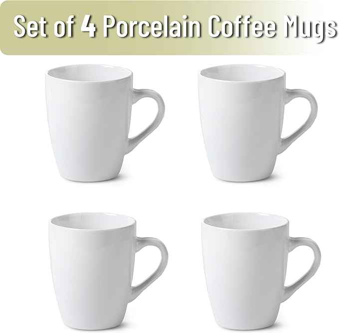 BTaT- Porcelain Coffee Mugs Set, 12 Ounces, 4 Pack, White Ceramic Coffee Mugs with Handle, Restaurant Cups for Mocha, Tea, Cappuccino, Cocoa, Cereal, Mug Gift Set, Dishwasher and Microwave Safe