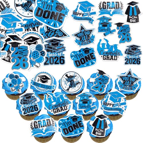 48Pcs Edible Graduation Cap 2026 Cupcake Toppers Wafer Paper Grad Cap Diploma Cake Decoration Picks for 2026 Grad Theme Party Cake Decor Supplies Black Blue (48 Count)