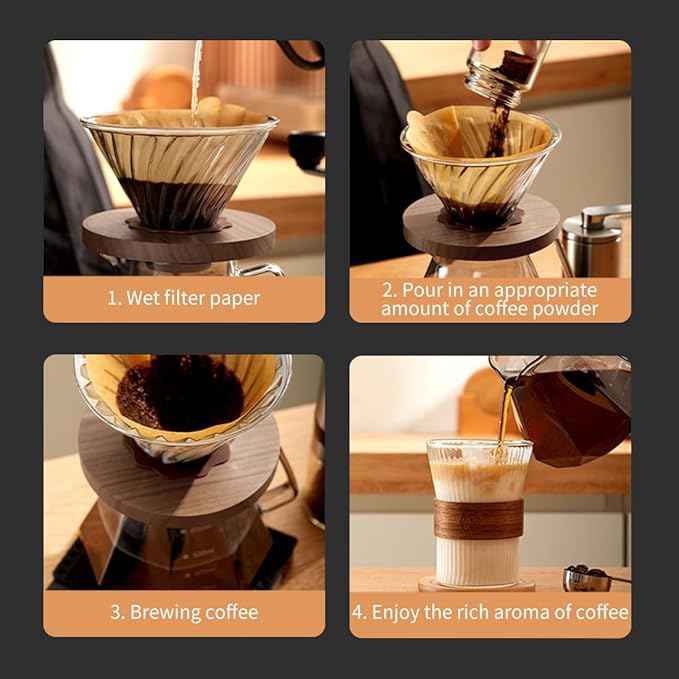 Professional Glass Pour Over Coffee Maker Kit - 600ml V-Shaped Brewer with Walnut Handle & 100 V20 Filters, 20 oz Borosilicate Carafe for Camping Home Brewing Gifts