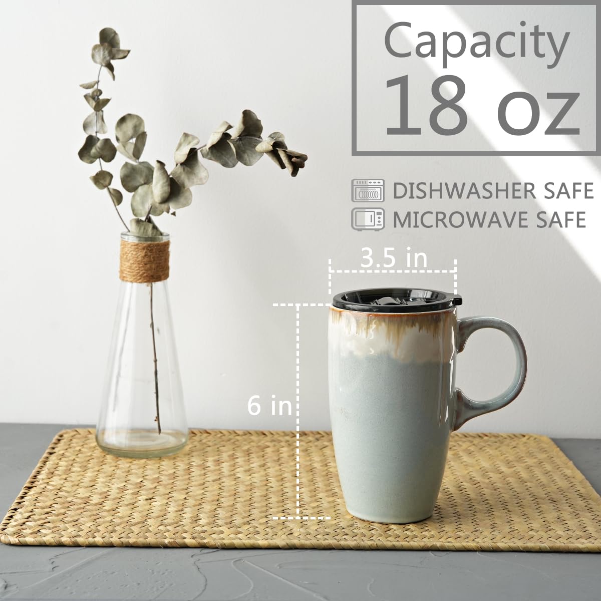 Ceramic travel mug with handle and sliding lid