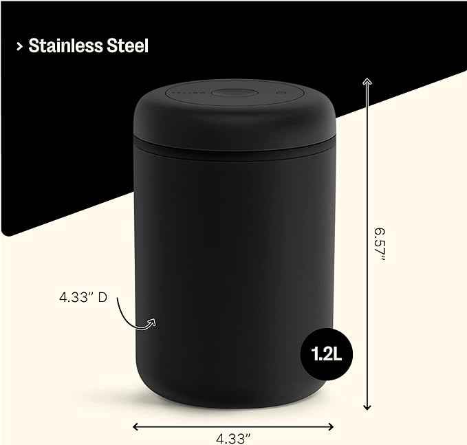Fellow Atmos Vacuum Coffee Canister – 1.2L Stainless Steel Airtight Food Storage Container for Coffee Beans, Ground Coffee, Tea & Spices – Vacuum Seal Preserves Freshness – Matte Black