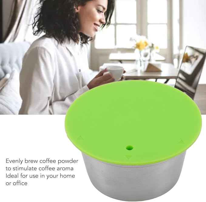 Refillable Coffee Capsule, Stainless Steel Reusable Coffee Pod, High Temperature with Food Grade Silicone Lid for Machines, Includes Scoop and Brush (Green)