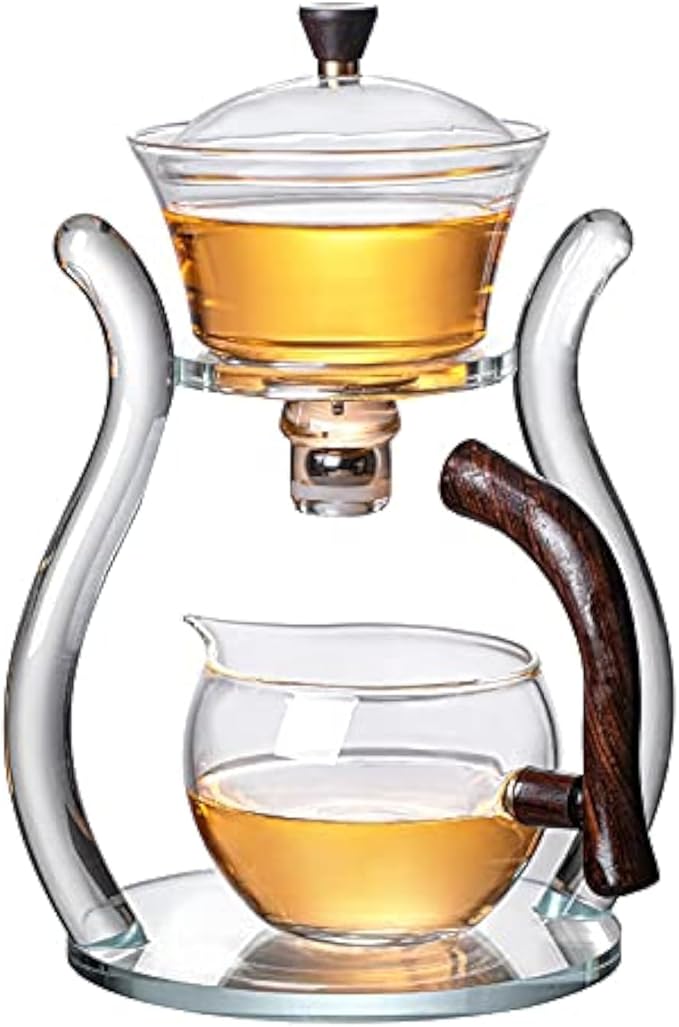 RORA Glass Teapot Set Semi Automatic Drip Rotating with Infuser Lazy Kungfu Tea pot Set (Glass)