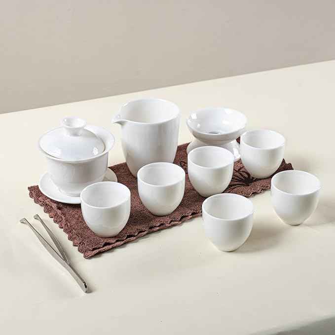 KEYDUACU Gaiwan Chinese Gongfu Tea Set，Asian Adult White Ceramic Tea Set, 6 Cups Suitable for Small Gatherings, Home and Office,Gift Giving(Home-White)