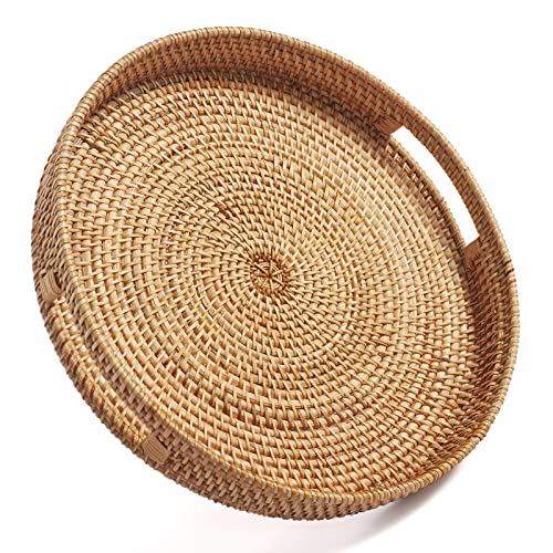 Round Rattan Serving Tray Decorative Woven Ottoman Trays with Handles for Coffee Table Natural