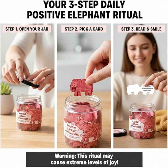 Positive Elephant Jar with 60 Affirmation Cards, Elephant Gifts, Christmas Home Office Desk Decoration, Friendship Gifts for Women, Gift for Best Friends, Sisters, Mom