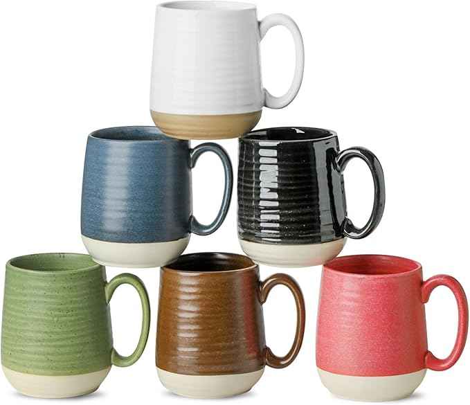 Hasense Porcelain Coffee Mugs Set of 6, 15 Ounce Large Ceramic Coffee Cups Set with Handle for Latte, Tea, Cocoa and Hot Chocolate, Colorful Coffee Mugs for Men and Women, Microwave Safe