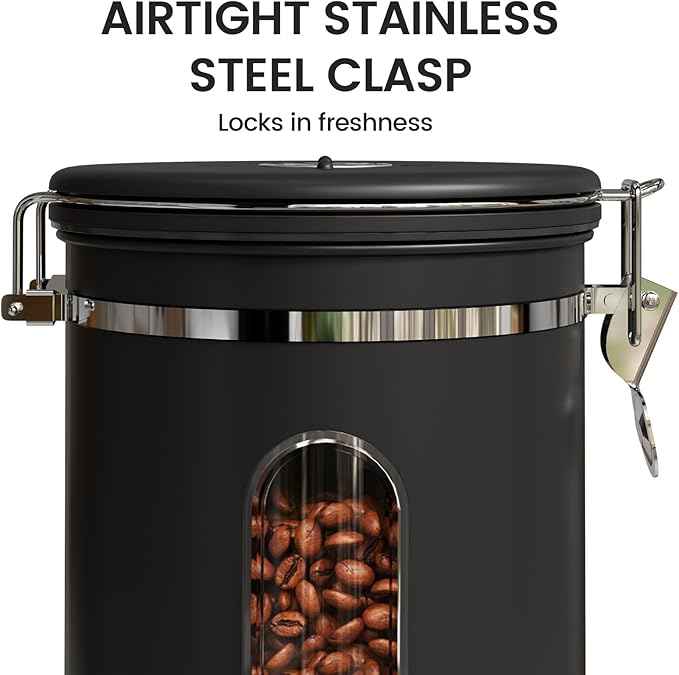 Veken Large Coffee Canister with Window, Kitchen Food Storage Airtight Stainless Steel Container for 2.2lbs Coffee Beans, Grounds, Rice,Tea, Flour, Cereal, Sugar Jars,Date Tracker and Scoop 39oz,Black