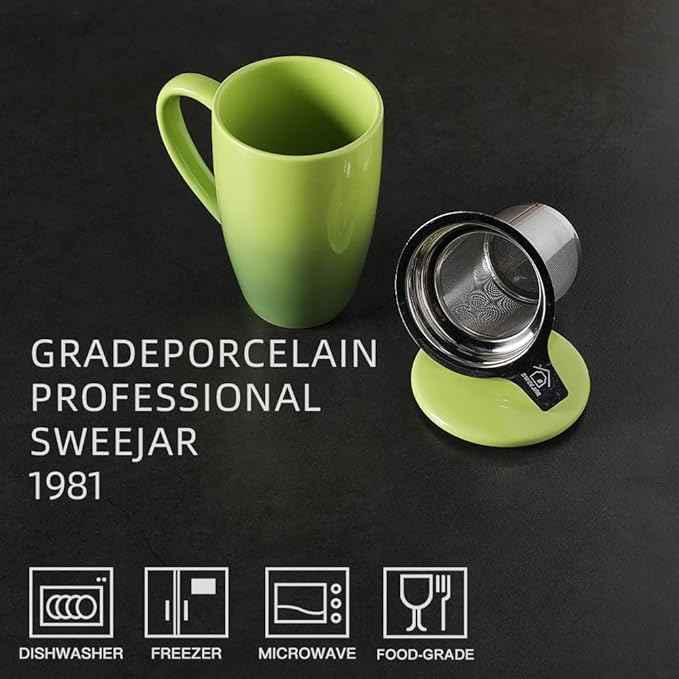 Sweejar Porcelain Tea Mug with Infuser and Lid,Teaware with Filter, Loose Leaf Tea Cup Steeper Maker, 16 Fl Oz for Tea/Coffee/Milk/Women/Office/Home/Gift (Gradient Green)