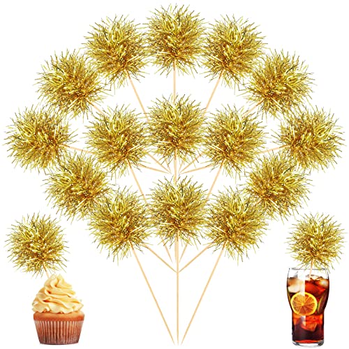 100 Pcs Foil Firework Cupcake Toppers Gold Sparkle Tinsel Cake Toppers New Years Cake Decoration Cocktail Fruit Toothpick for Birthday Wedding Graduation Party