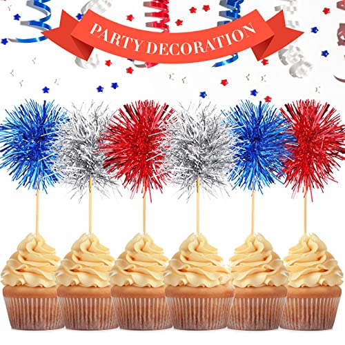 100 Pcs 4th of July Foil Firework Cupcake Toppers Sparkle Tinsel Cake Toppers Cake Decoration Cocktail Fruit Toothpick for Birthday Wedding Graduation Party