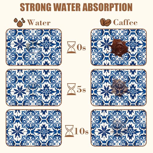 Dish Drying Mat Blue Portuguese Tiles Coffee Bar Mat for Countertop