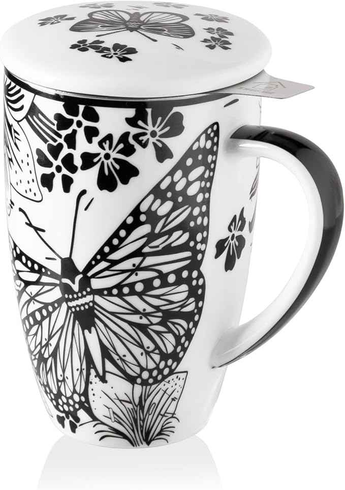 Sweejar Porcelain Tea Infuser Mug with Lid, 16 oz Teacup with Strainers for Loose Leaf Tea, Microwave and Dishwasher Safe Coffee Mug(Onyx Wing)
