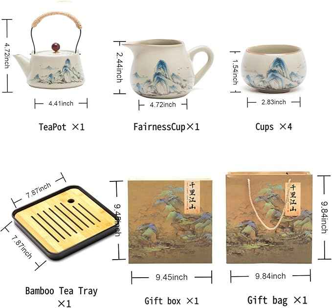 Chinese Gongfu Tea Set, 7-Piece Ceramic Set with Landscape Design, Travel Case, Spill-Proof Tray, Gift Box
