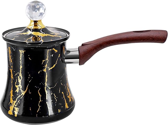 Turkish Arabic Coffee Pot with Wooden Handle,Stove Top Water Boiler, Coffee Maker, Butter, Chocolate & Milk Warmer,Even and Quick Heat with Handcrafted Metal Material (Black)