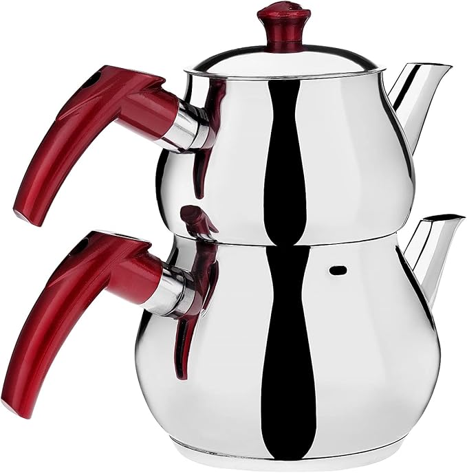 DESTALYA Turkish Teapot Set | Stainless Steel Double Tea Pots for Stove Top | Tea Maker with Strainer | Samovar Tea Kettle, Water Heater (Midi with Red Handles)