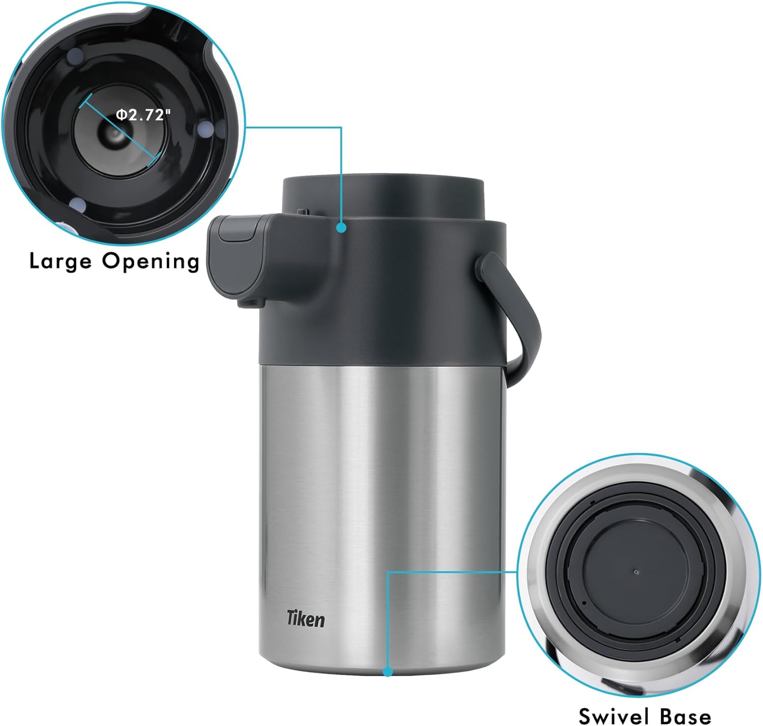 Tiken Airpot Coffee Dispenser with Pump - 102oz/3L Thermal Coffee Carafes for Hot Beverage - Stainless Steel Insulated Coffee Thermos Carafe, Silver