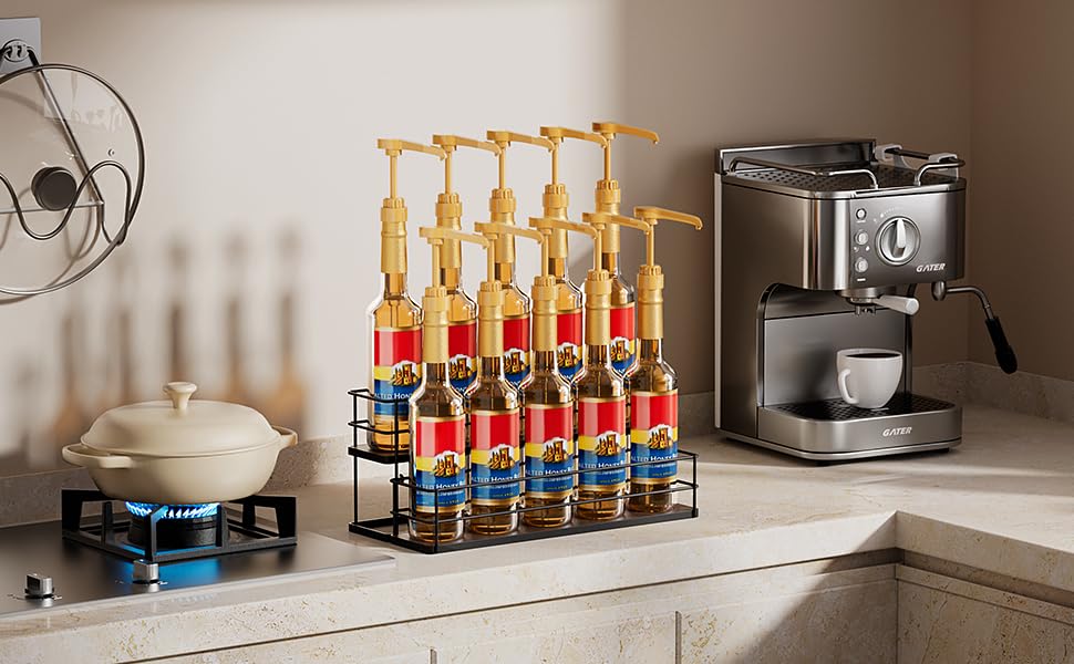 10 Bottle Capacity Coffee Syrup Organizer 2 Tier Coffee Syrup Stand Shelf for Coffee Bar Kitchen Small Wine Rack for Bar Family Storage for Syrup Wine Dressing (13.6 inch(es))