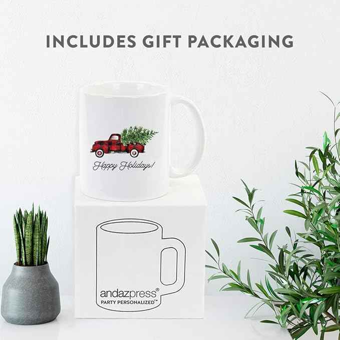Andaz Press Christmas Winter Holiday 11oz. Coffee Mug, Happy Holidays, Vintage Red Truck, 1-Pack, Cozy Christmas Hot Chocolate Cup Ideas for Him Her Coworker…
