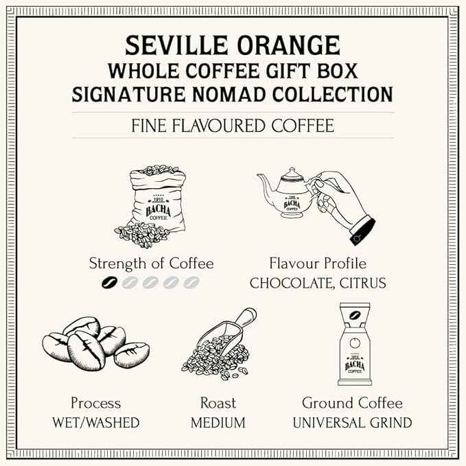 Bacha Coffee | Seville Orange Fine Flavoured, Whole Beans, Medium Roast, 100% Arabica Specialty Coffee, 250g Signature Nomad Collection, Gift Box