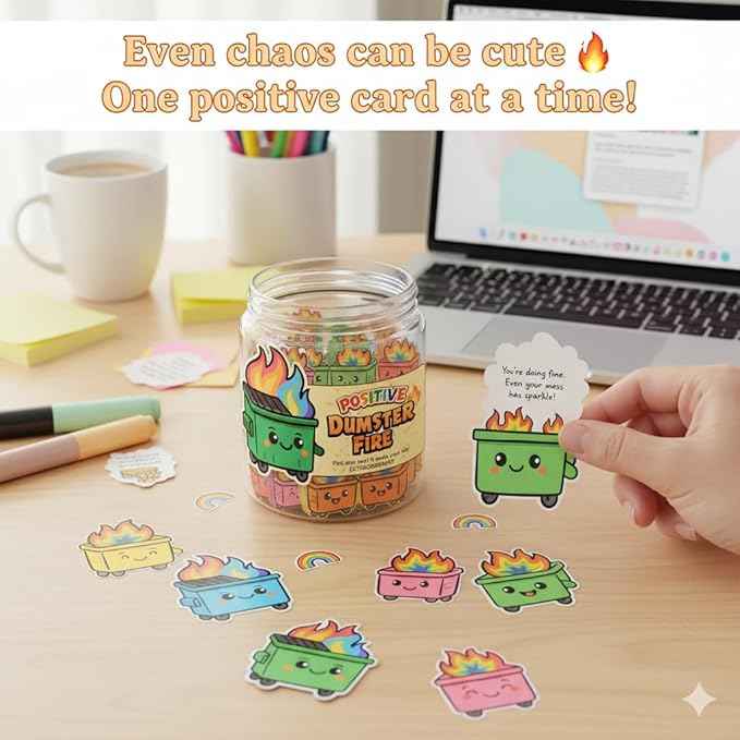60 Positive Dumpster Fire Cards Jar, Affirmation Cards, Emotional Support, Gag Funny Dumpster Fire Desk Accessories - Zen Garden, Friends Coworkers Gifts for Women, Men