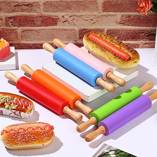 6 Pcs Small Rolling Pin Kids 12 Inch Mini Silicone Rolling Pin for Baking Non Stick Kids Dough Roller with Wooden Handle for Kitchen Cookie Pastry Fondant Cake 6 Colors