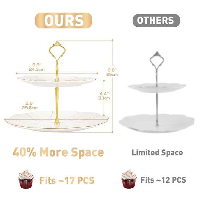 DUJUST 22 pcs Porcelain Tea Set for 6 ＆ Larger 2-Tier Cupcake Stand Tower, Luxury British Style Tea/Coffee Cup Set with Golden Trim, Food Grade Dessert Display Stand for Tea Party - White