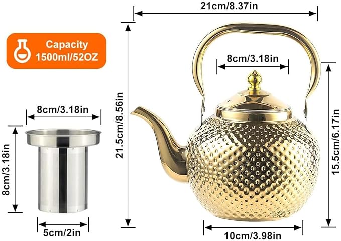 SANQIAHOME 1500ml Teapot with Infuser Stainless Steel Lifting Handle Tea Maker Gold