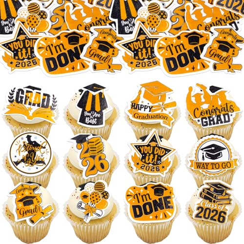 48Pcs Edible Graduation Cap 2026 Cupcake Toppers Wafer Paper Grad Cap Diploma Cake Decoration Picks for 2026 Grad Theme Party Cake Decor Supplies Black Orange (48 Count)