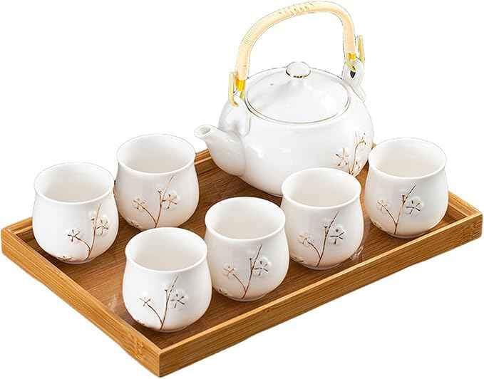 KEYDUACU Japanese Tea Set, White Ceramic Tea Set, Plum Blossom Embossed, Includes 1 Teapot (660ml), 6 Teacups,Tea Tray,Strainer, Can be used at home, outdoor, gift, Chinese Kung Fu Tea Set