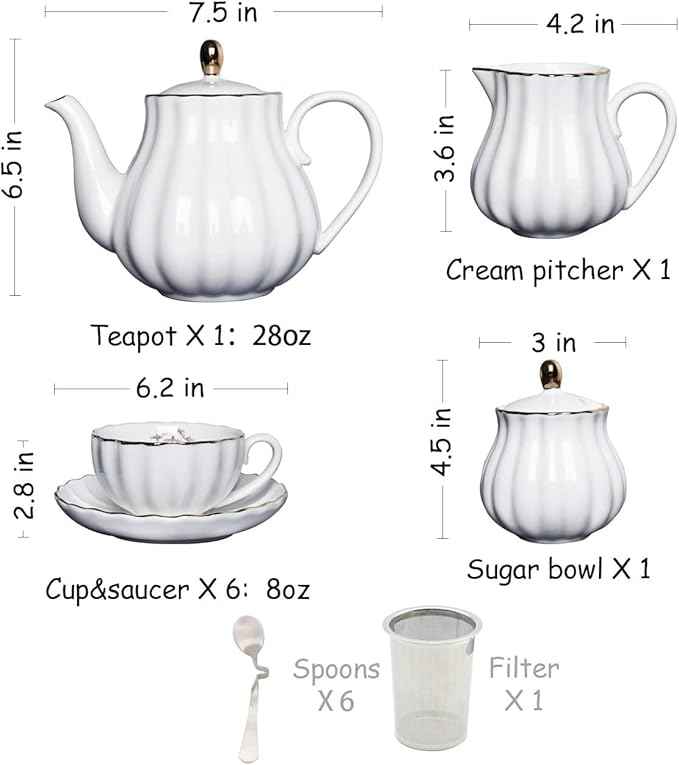 Sweejar Porcelain Tea Sets British Royal Series, 8 OZ Cups & Saucer Service for 6, with Teapot Sugar Bowl Cream Pitcher Teaspoons and Tea Strainer, Suitable for High Tea, Wedding, Party（Beige）