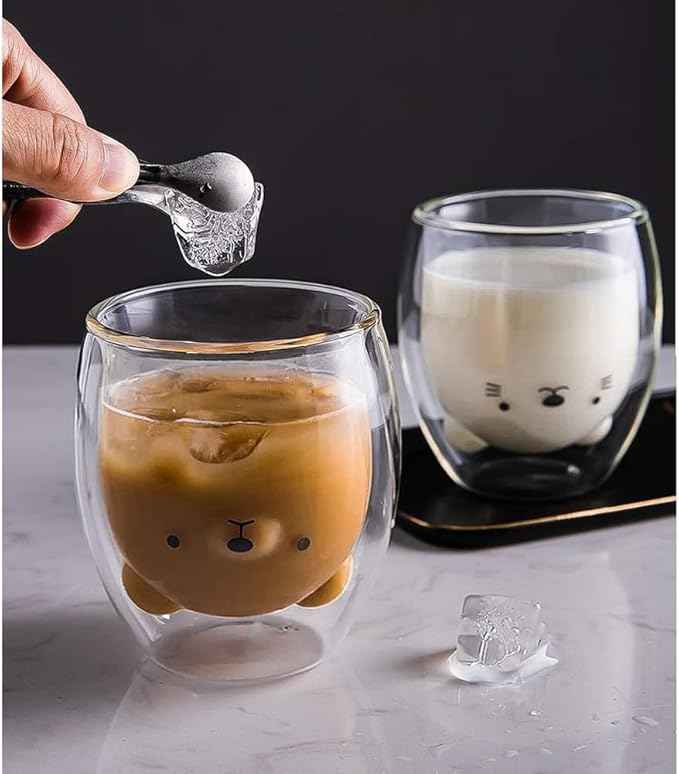 Bear Cute Mugs Kawaii Double Wall Glass Coffee Tea Mill Yogurt Cup Funny Novelty Gift for Women Her Friends Office Birthday Christmas