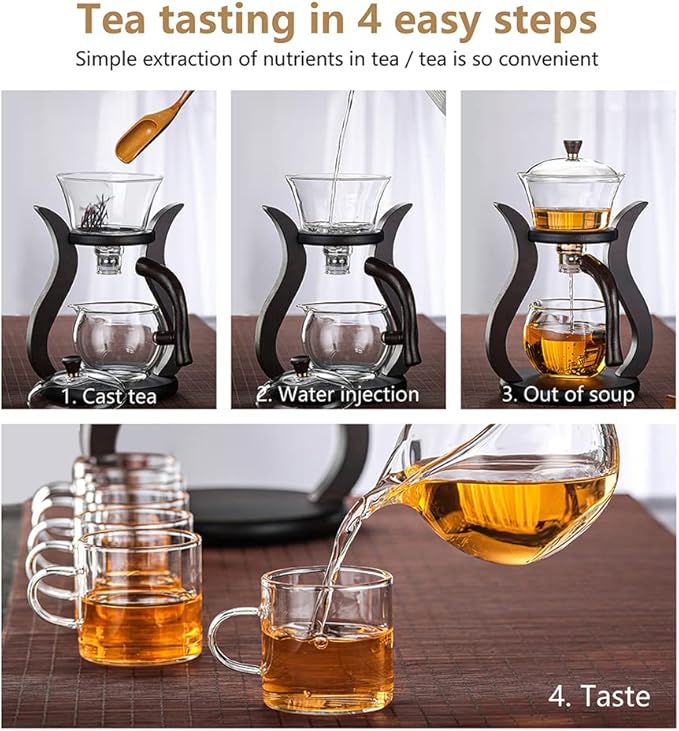 Lazy Kungfu Drip TeaPot, Heat Resistant Tea Set, Semi-Automatic Glass Teapot Suit for Magnetic Water Flow Wooden Glass Teapot Set