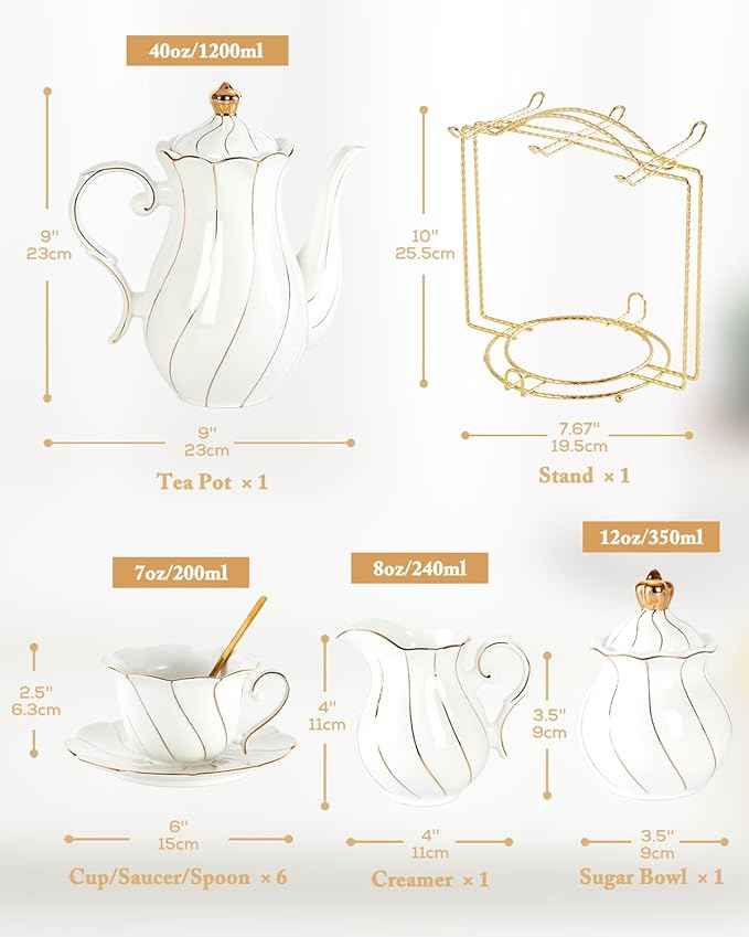 DUJUST 22 pcs Porcelain Tea Set for 6 ＆ Larger 2-Tier Cupcake Stand Tower, Luxury British Style Tea/Coffee Cup Set with Golden Trim, Food Grade Dessert Display Stand for Tea Party - White