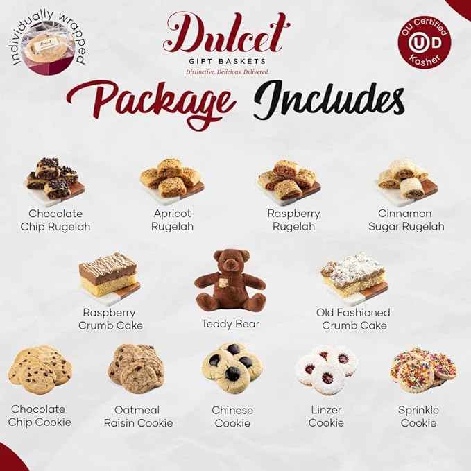 Dulcet Gift Baskets Happy Holiday Deluxe Bakery Mix of Assorted Cookies and Pastries with Decorative Teddy Bear for Women, Friend, College, Couples, Mom, Dad, Wife, Daughter, Him and Her.